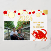 旧正月2024 Red Dragonあなたの写真金ゴールドを追加 箔シーズンカード (正面)