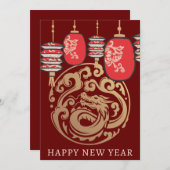旧正月 赤いランタン 金の龍 シーズンカード (正面/裏面)