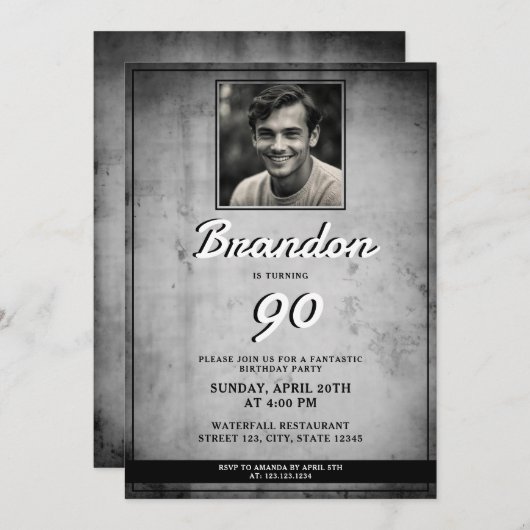 旧白黒ヴィンテージ写真90誕生日 招待状 (正面/裏面)
