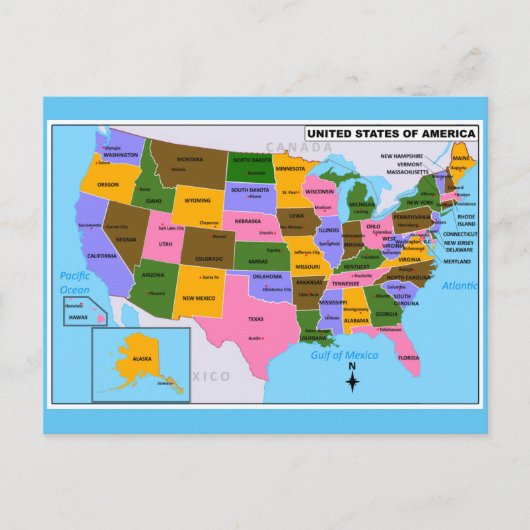 旧米国地図州首都とメキシコ湾 ポストカード (正面)