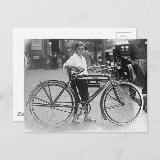旧自転車ヴィンテージB&W写真付き少年 ポストカード (正面/裏面)