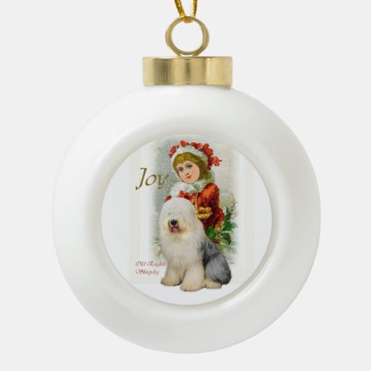 旧英語シェプドッグヴィンテージクリスマス セラミックボールオーナメント (正面)