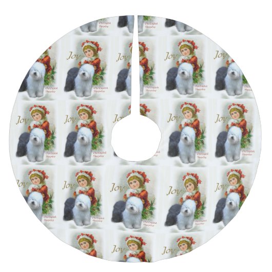 旧英語シェプドッグヴィンテージクリスマス ブラッシュドポリエステルツリースカート (正面)