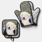 旧英語シェプドッグ絵を描子犬のペット犬の芸術 鍋つかみ&鍋敷きセット (正面/裏面)