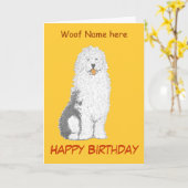 旧英語シェプドッグ誕生日カード、名前の変更 カード (黄色い花)