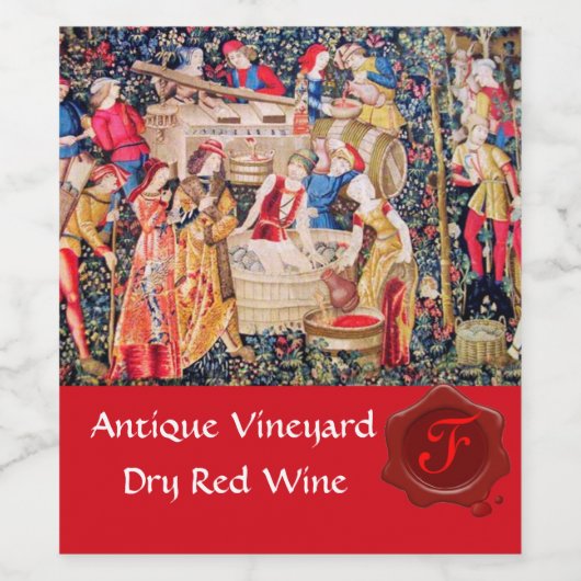 旧葡萄ブドウ畑の収穫赤ワックスシールモノグラム ワインラベル (シングルラベル)