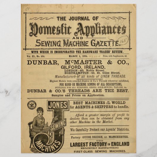 旧裁縫マシンカタログページスクラップブック紙 (正面)