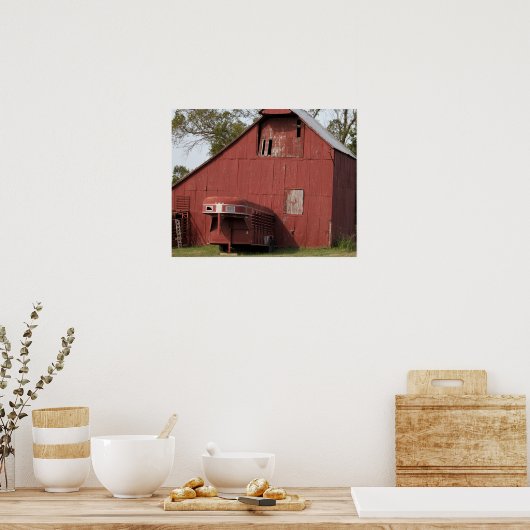 旧赤納屋と赤馬トレーラーカラー16x20 ポスター (キッチン)