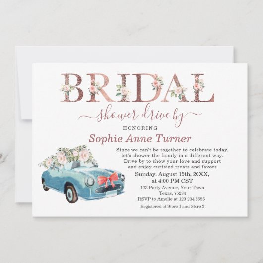 旧車ピンク赤面フローラブライダルシャワードライブ 招待状 (正面)