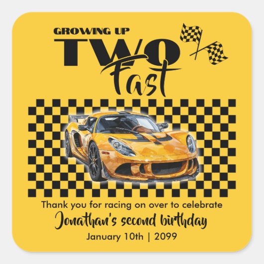 早い2歳の誕生日に育つイエロースポーツカー スクエアシール (正面)