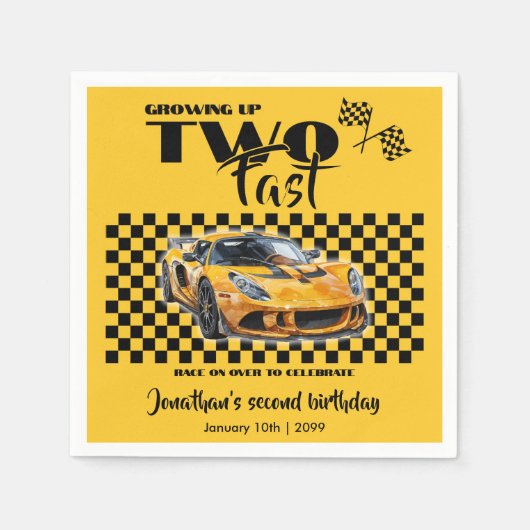 早い2歳の誕生日に育つイエロースポーツカー スタンダードカクテルナプキン (正面)
