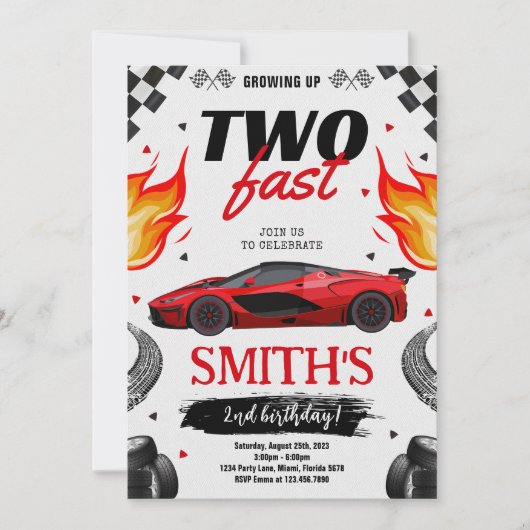 早くも2歳！ レースカー男子の誕生日 招待状 (正面)