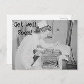早く回復してね！ ヴィンテージ看護師＆タイプライター ポストカード (正面/裏面)