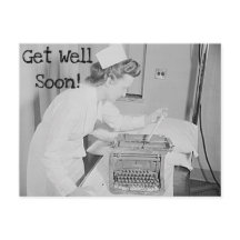 早く回復してね！ ヴィンテージ看護師＆タイプライター ポストカード