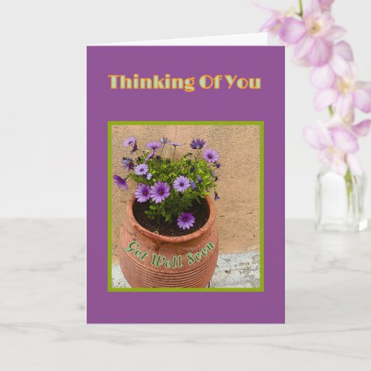 早く回復して/テラコッタ鉢の紫のデイジー カード (蘭)