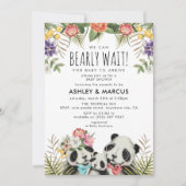 早く待てよ!かわいいパンダカップル赤ちゃんシャワー 招待状 (正面)