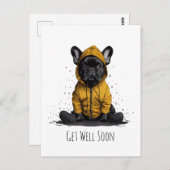 早く治してね フレンチブルドッグのレインコートを着たイラスト ポストカード (正面/裏面)