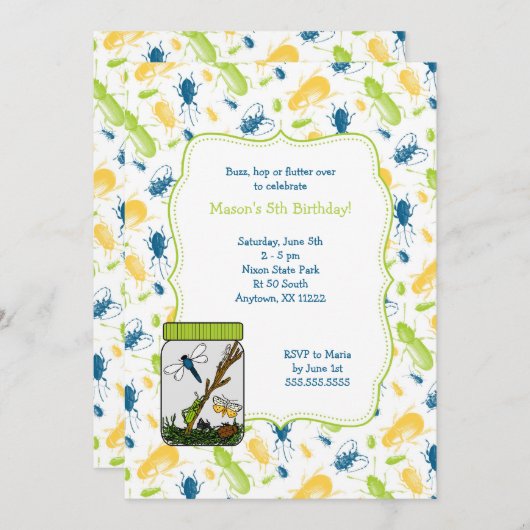 昆虫との虫の瓶の誕生会の招待 招待状 (正面/裏面)