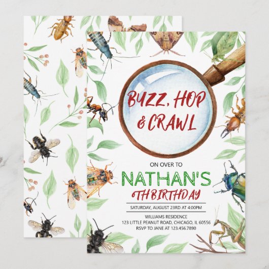 昆虫のバグ誕生日 招待状 (正面/裏面)