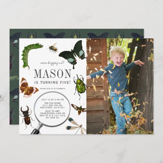 昆虫レトロ男の子写真誕生日 招待状 (正面/裏面)