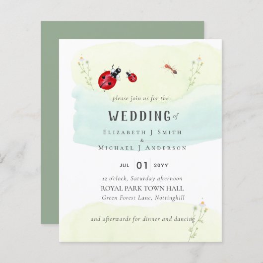 昆虫園水かわいらし色結婚式招待状 (正面/裏面)
