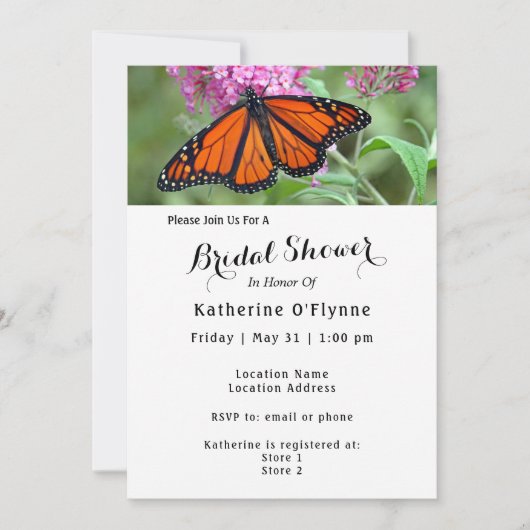 （昆虫）オオカバマダラ、モナークかわいらしバタフライピンクフローラブライダルシャワー 招待状 (正面)