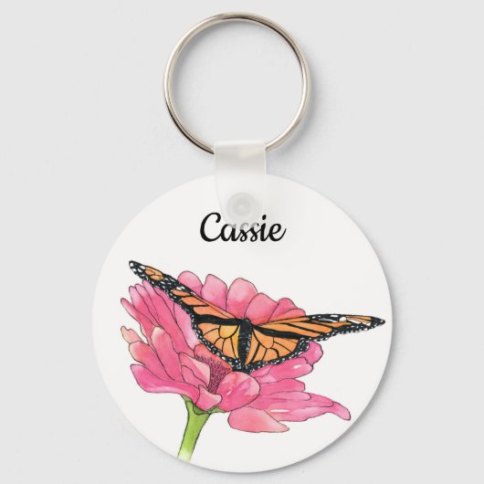 (昆虫)オオカバマダラ、モナークと《植物》百日草キーチェーン キーホルダー (正面)