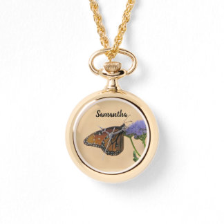 （昆虫）オオカバマダラ、モナークオン紫色の花自然フォトバタフライ 腕時計