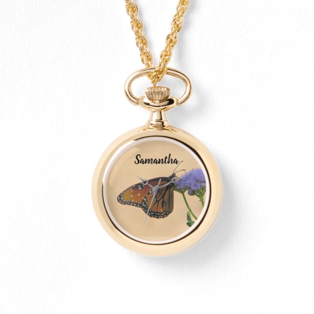 （昆虫）オオカバマダラ、モナークオン紫色の花自然フォトバタフライ 腕時計 (正面)