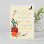 (昆虫)オオカバマダラ、モナークバタフライアイボリー及び秋結婚フローラ 箔招待状 (立ち正面)