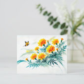 （昆虫）オオカバマダラ、モナークバタフライアジアンインク絵を描のマリゴールド シーズンポストカード (スタンド正面)