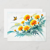 （昆虫）オオカバマダラ、モナークバタフライアジアンインク絵を描のマリゴールド シーズンポストカード (正面/裏面)