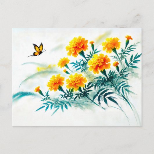 （昆虫）オオカバマダラ、モナークバタフライアジアンインク絵を描のマリゴールド シーズンポストカード (正面)
