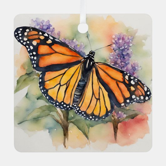 (昆虫)オオカバマダラ、モナークバタフライウォーターカラープリント メタルオーナメント (正面)