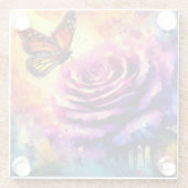 （昆虫）オオカバマダラ、モナークバタフライオンパープルバラアットサンセットフローラ ガラスコースター (裏面)