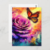 （昆虫）オオカバマダラ、モナークバタフライオンパープルバラアットサンセットフローラ ポストカード (正面/裏面)