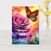 (昆虫)オオカバマダラ、モナークバタフライパープルバラサンセット誕生日 カード (黄色い花)