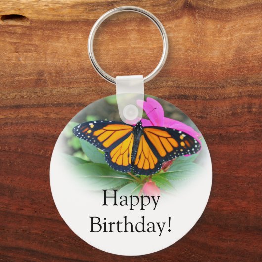 （昆虫）オオカバマダラ、モナークバタフライピンクフローラフォト誕生日 キーホルダー (正面)
