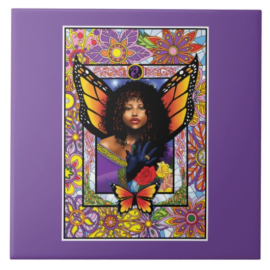 (昆虫)オオカバマダラ、モナークバタフライフェアリーパープルフローラ タイル (正面)