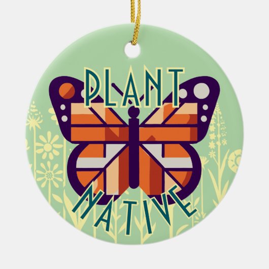 (昆虫)オオカバマダラ、モナークバタフライプラント先住民グリーンバックグラウンド セラミックオーナメント (正面)