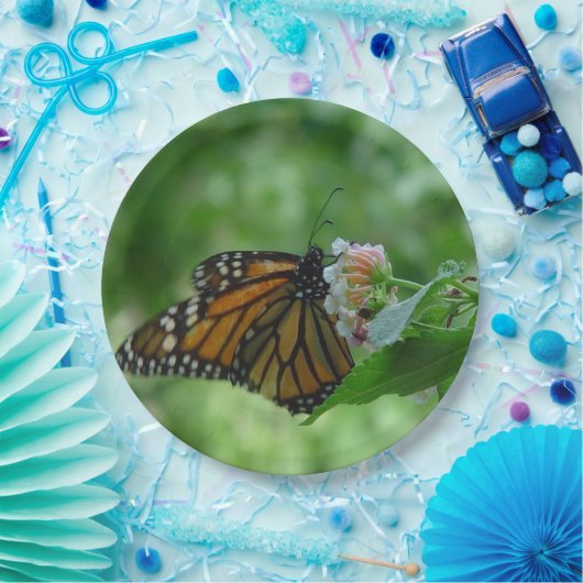 （昆虫）オオカバマダラ、モナークバタフライホワイトピンクの花 ペーパープレート (パーティー)