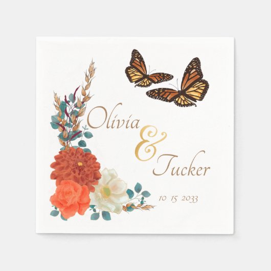 (昆虫)オオカバマダラ、モナークバタフライ秋フローラカスタムアイボリー スタンダードカクテルナプキン (正面)