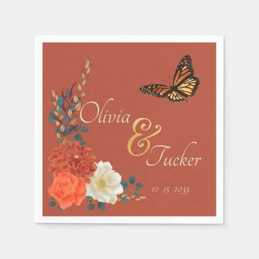 （昆虫）オオカバマダラ、モナークバタフライ秋フローラテラコッタカスタム スタンダードカクテルナプキン (正面)