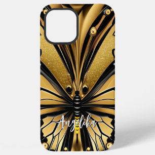 (昆虫)オオカバマダラ、モナークパーソナライズされた蝶の名前金ゴールドと黒 iPhone 12 PRO MAXケース