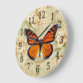 （昆虫）オオカバマダラ、モナーク蝶と花時計 ラージ壁時計 (傾斜)