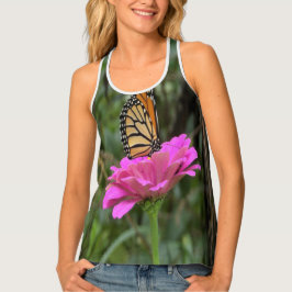 （昆虫）オオカバマダラ、モナーク蝶のピンクかわいらしの《植物》百日草の花 タンクトップ