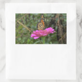 (昆虫)オオカバマダラ、モナーク蝶のピンクかわいらしの《植物》百日草の花 長方形シール (バッグ)