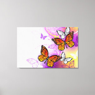 （昆虫）オオカバマダラ、モナーク蝶の背景（紫） キャンバスプリント