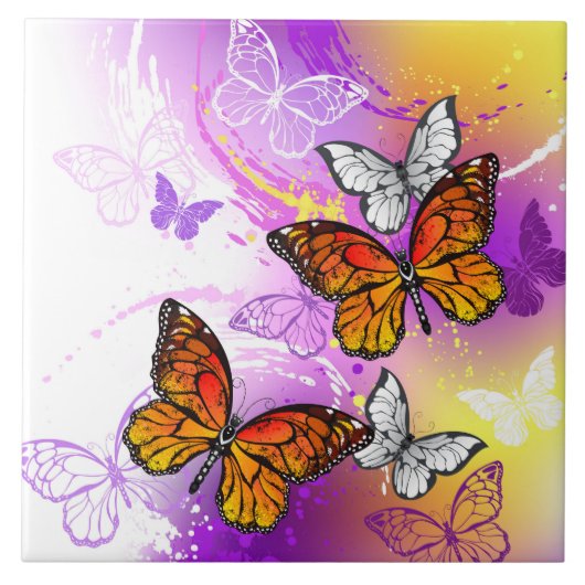 （昆虫）オオカバマダラ、モナーク蝶の背景（紫） タイル (正面)