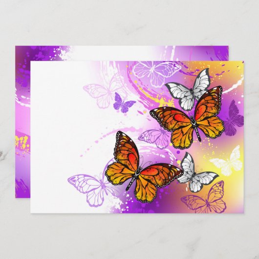 (昆虫)オオカバマダラ、モナーク蝶の背景(紫) ノートカード (正面/裏面)